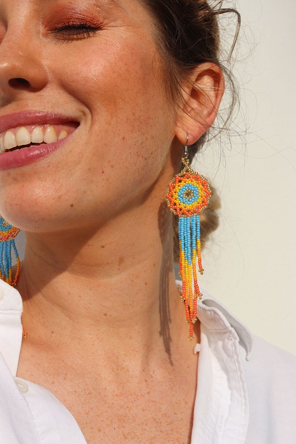 Artisanal Blue Ombre Beaded Fringe Dangle Earrings